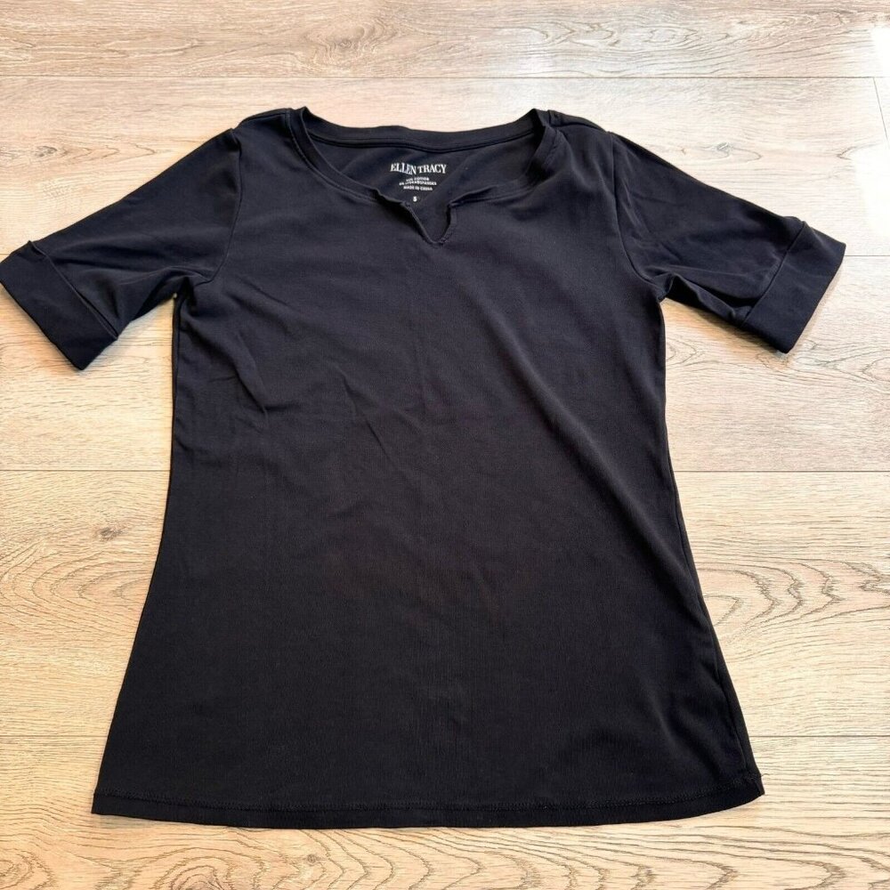 Ellen Tracy Black Cotton V-Neck Notch T Shirt Cuff‎ Sleeves Size Small S